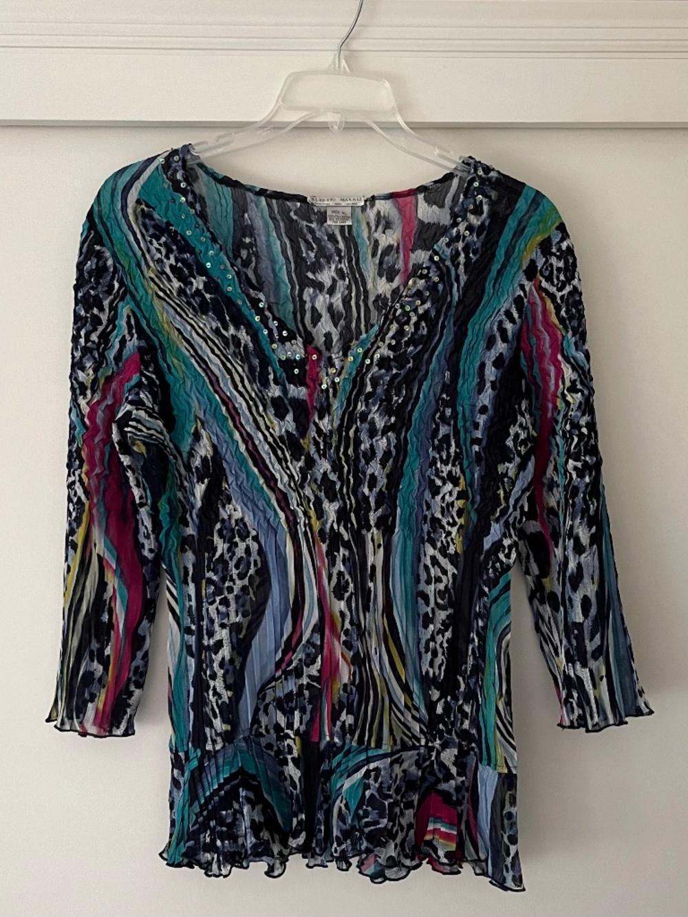 Alberto Makali XL Crinkle Mesh Blouse Animal Print Sequin V-Neck 3/4 Sleeve Top